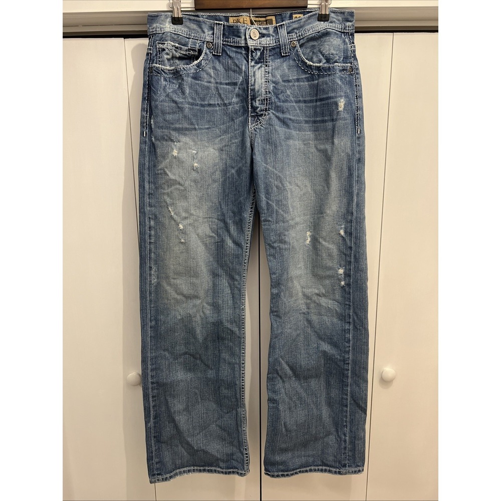 BKE Jeans Mens 32x32 Blue Marshall Wide Leg Baggy Relaxed Buckle Faded Med Wash